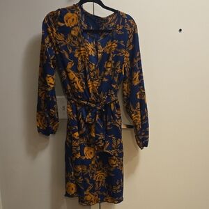 Floral Faux Wrap Dress in Blue and Rust Brown